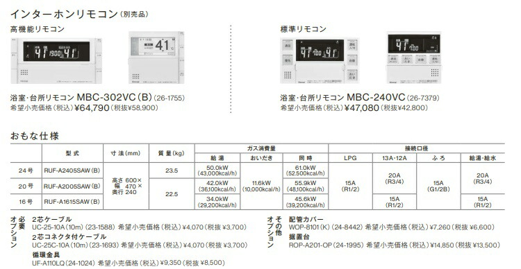 リンナイガスふろ給湯器16号屋外壁掛形オートタイプRUF-A1615SAW