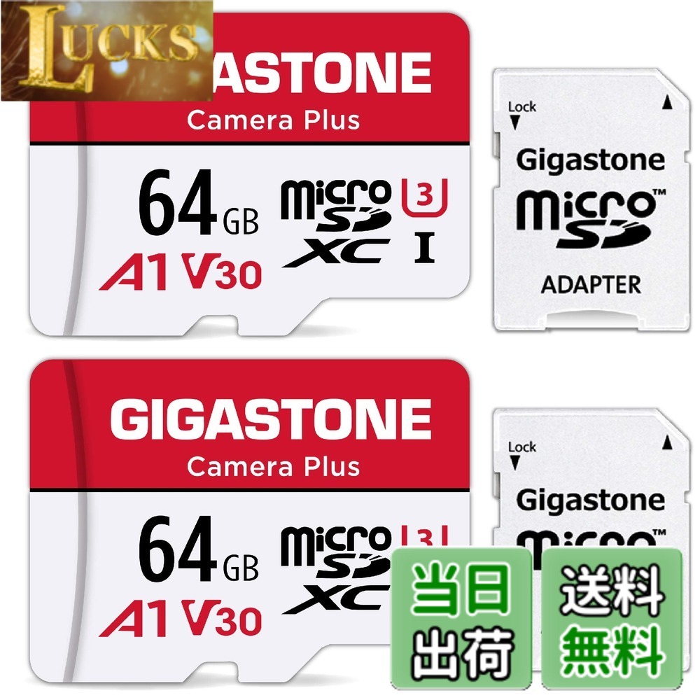 【貨物輸送無料】【5年】GIGASTONE マイクロsd歌留多 64GB 2個仕掛ける Camera Plus microSDXC UHS-I A1 V30 U3 C10 95MB/s 盛りだくさん固定ディスク 画像 SDアダプタ2枚付き添い人