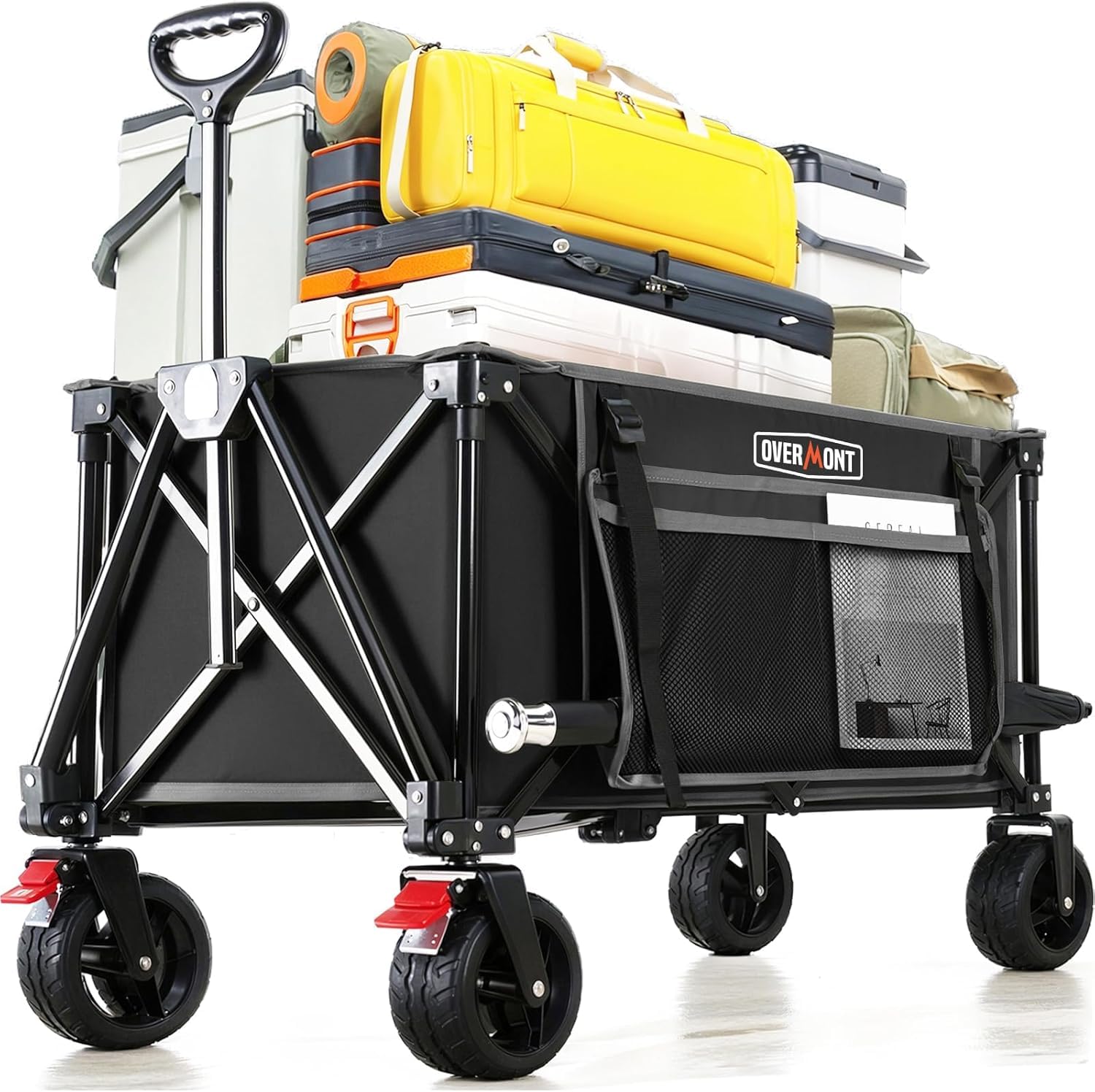【貨物輸送無料】Overmont 持ちはこび手押し車 アウトドア手押し車 150L 大静電容量 耐荷重約120kg 4輪 特大 持ちはこび手押し車 キャンプカート ストッパー付 折り畳み パウダーコンパクトワンタッチ収れん式 花見 つり銭 競技大会 積貨委託貨物持ちはこぶ 黒いこと 色：黒いこと（新進級取りはずしタイア）