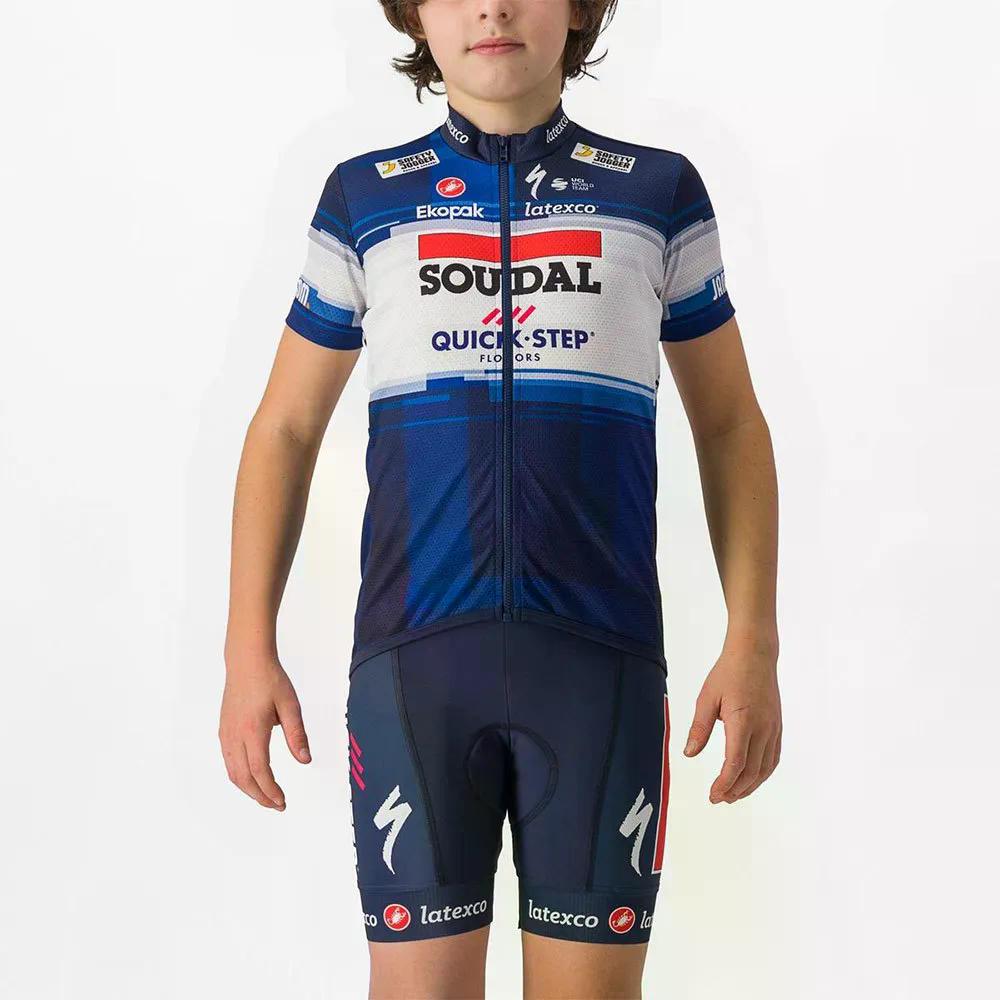 カステリ スーダル クイック足取り 2023 御坊っちゃん 遊撃手捩り プルオーバー （ DarkBlue/White ） | CASTELLI Soudal Quick-Step 2023 Junior short sleeve jersey  [t]