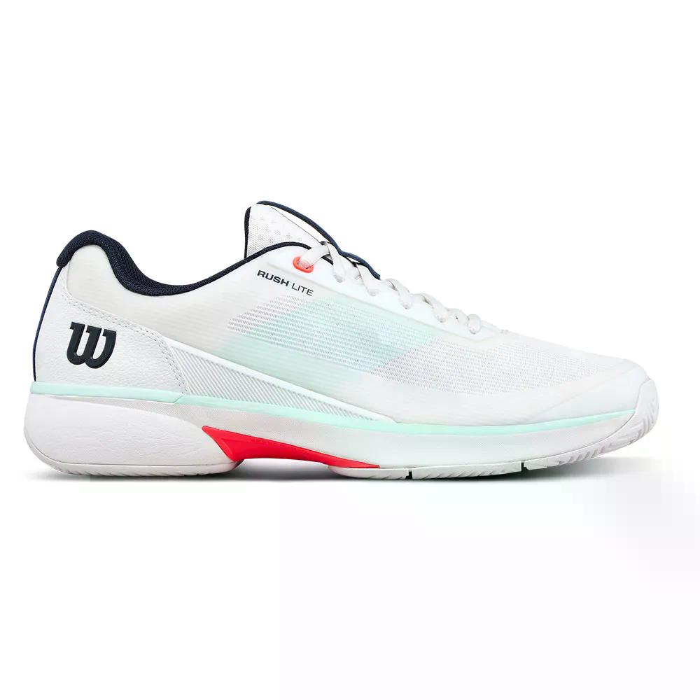 ウィルソン 混雑時 ともし火 5 オール厚地の外套 庭球シューズ （ White/Bay/FieryCoral ） | WILSON Rush Lite 5 All Court Tennis Shoes  [t]