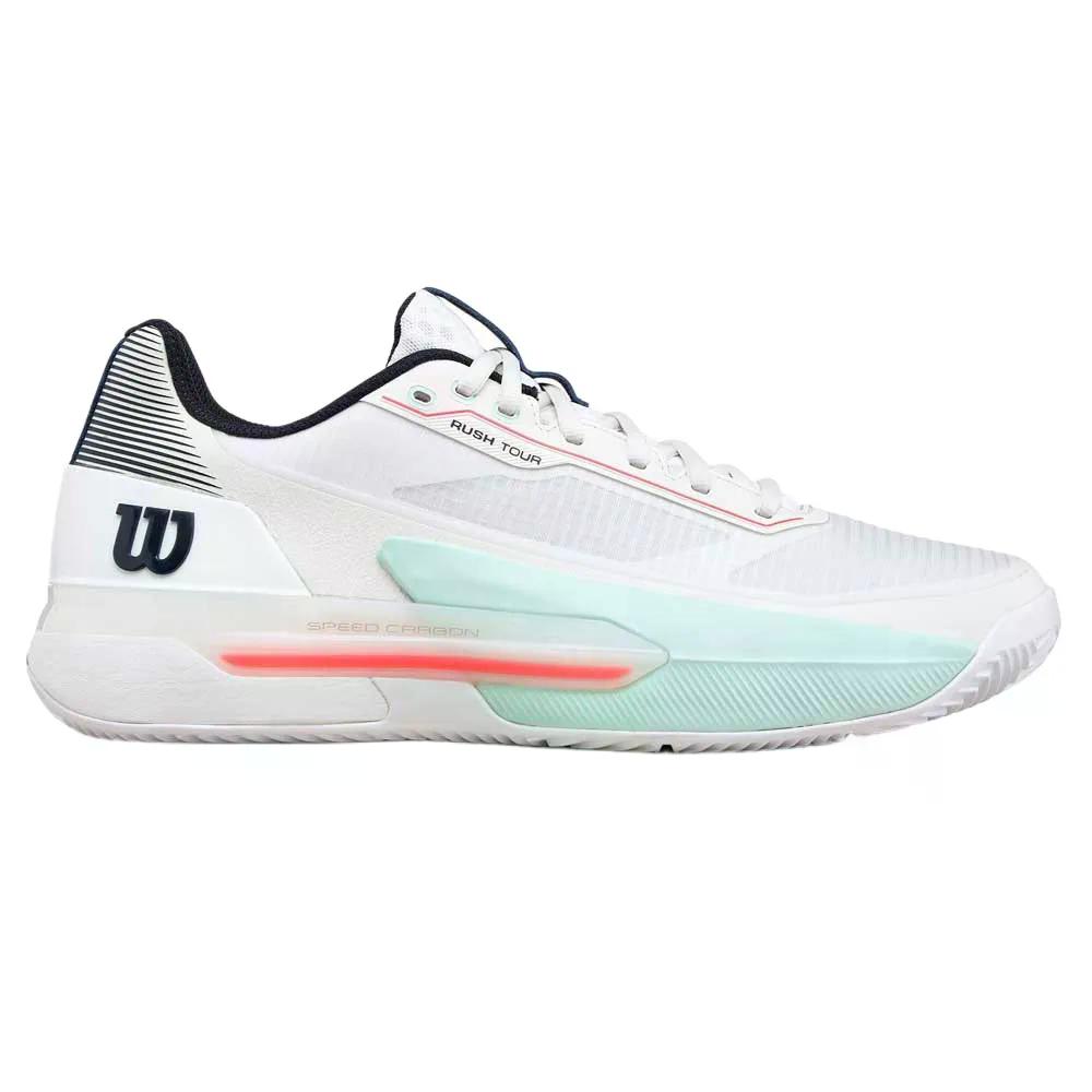 ウィルソン 混雑時 周遊旅行 5 粘土厚地の外套 庭球シューズ （ White/Bay/FieryCoral ） | WILSON Rush Tour 5 Clay Court Tennis Shoes  [t]