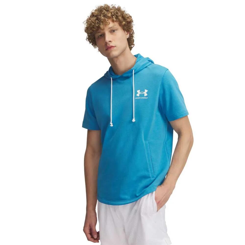 アンダーアーマー ライバル テリー レフトチェスト ショートスリーブ フーディ （ Ether Blue / Onyx White ） | UNDER ARMOUR Rival Terry Left Chest short sleeve hoodie [t]｜クライムスワールド 店