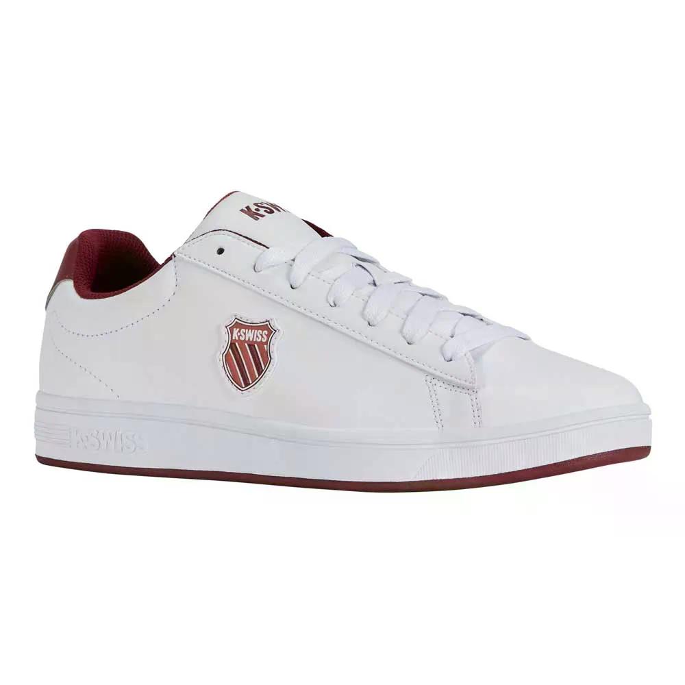 容れものイス 生活スタイル 厚地の外套 遮蔽物 スニーカー （ White/Brscht/Cabernet ） | K-SWISS Lifestyle Court Shield Sneakers  [t]