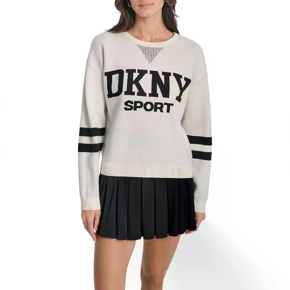 ディーケーエヌワイ 赤ちょうちんシティ ロゴタイプ 縞模様 科目 トレーナー レディース （ Eggnog/Black ） | DKNY Varsity Logo Stripe Detail sweatshirt Woman  [t]