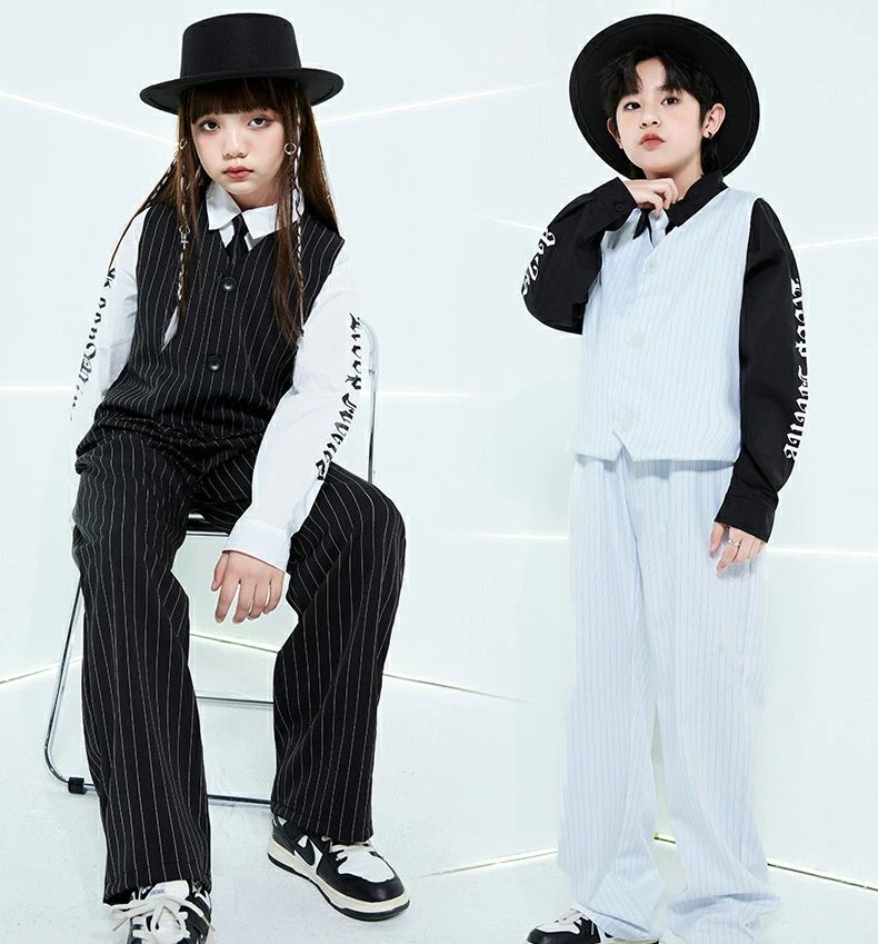 【時限特恵!】キッズ スーツ キッズ ダンス衣装 ジャケット パンツ 男の子 上下セット スーツセット ベスト ヒップホップ ダンスウェア ストライプ K-POP 子供スーツ 韓国 子供服 シャツ カジュアル 演出 個性的 女の子 ブラック