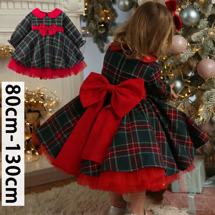 【50%OFFクーポン】キッズ クリスマス 衣装 ワンピース 子供 赤 長袖 クリスマス 子供用 保育園 仮装 リボン付き パーティー 子ども こども キッズドレス クリスマス衣装 プレゼント 可愛い コスチューム   80cm  90cm チェック柄 リボン付き ワンピース 女の子