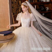 【店長おすすめ】ウェディングドレス パフスリーブ プリンセスドレス ウェディングドレス シャンパン スパンコール キラキラ キレイめ 海外挙式 トレーンドレス Aライン 袖あり ロングドレス 編み上げ シャンパン 結婚式ドレス|くらし小物屋