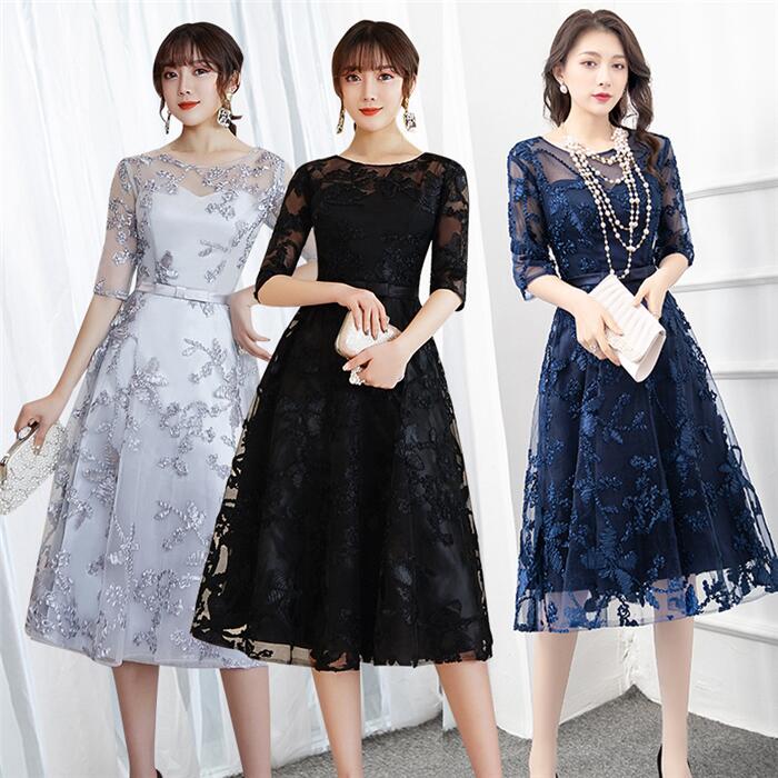 【時限特恵！最低6134円！】パーティードレス 結婚式 ワンピース パーティドレス ブライズメイド お呼ばれ ワンピース 袖 ミモレ丈 結婚式 入学式 演奏会用 グレー 同窓会 20代 30代 40代 ミモレ丈 花柄　刺繍ドレス 二次会