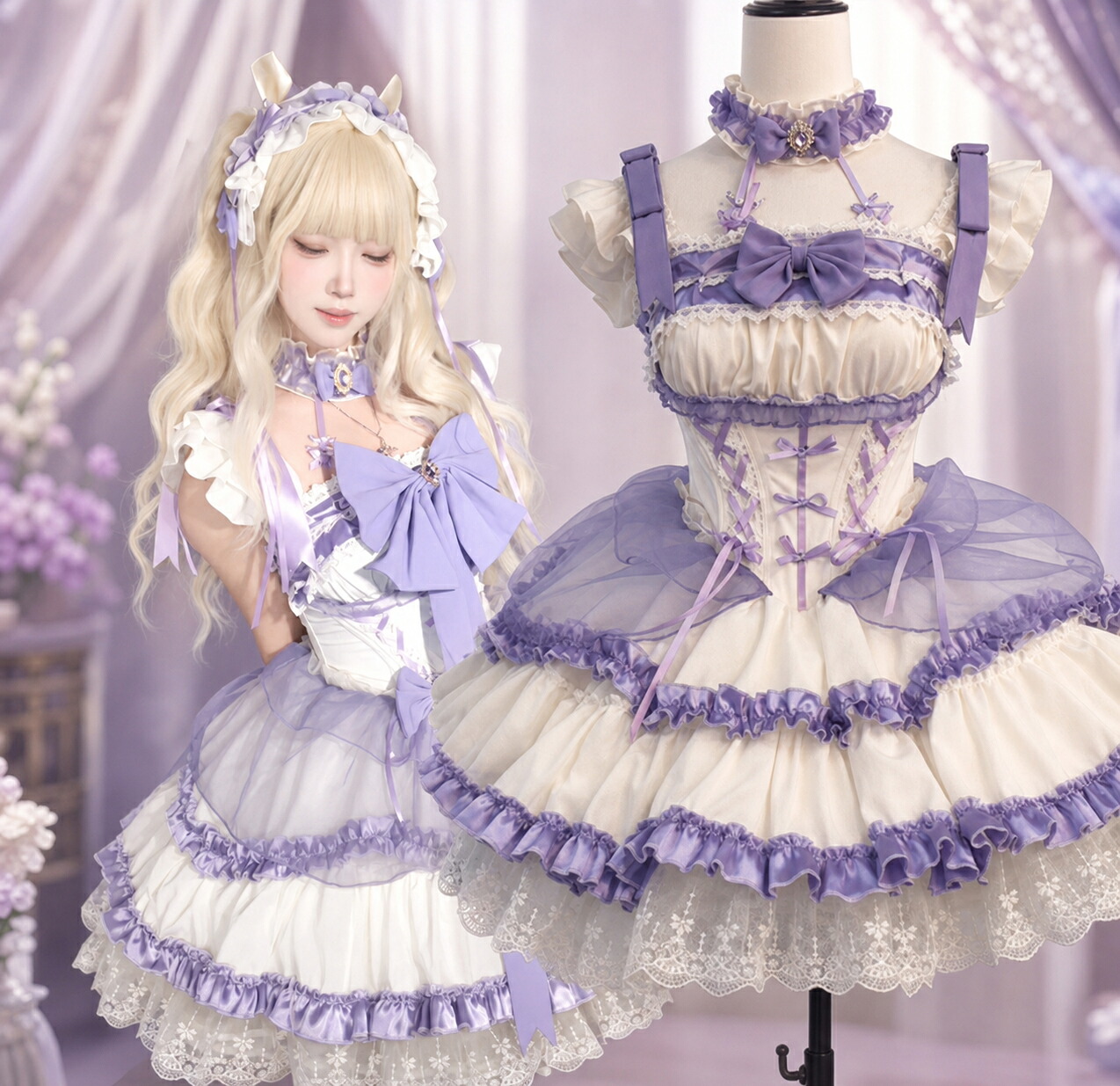【店長おすすめ】ロリータ風 パープルリボンワンピース 豪華レース＆フリル S・2XL セットアップ 少女 お姫様 フリル襟 ロリータ 仮装 コスチューム コスプレ 衣装 コーディネート 仮装 パーティ イベント ステージ 文化祭 学園祭 Lolitaワンピース レディース｜くらし小物屋