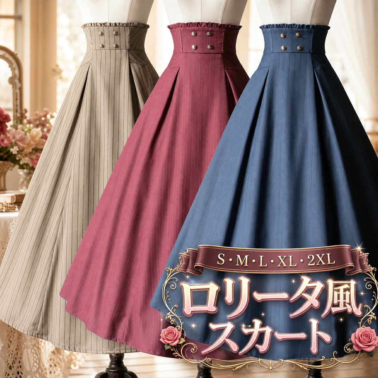 【店長おすすめ】ロリータ スカート ロング丈 ストライプ柄 レディース 上品 エレガント 森ガール ファッション ロリータワンピース コスチューム 日常着 お出かけ イベント ネイビー オリーブグリーン ワインレッ フレアスカート リボン レトロ風 ゴスロリ｜くらし小物屋