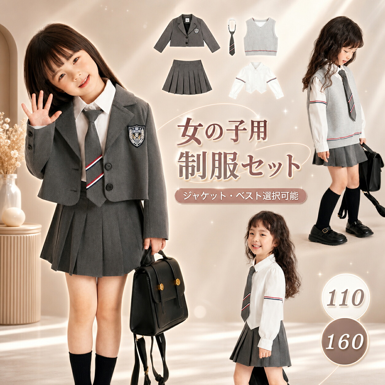 【店長おすすめ】キッズ 入学式 女の子 制服 スカート 卒業式 110 120 130 140 150 プリーツスカート シャツ ネクタイ グレー フォーマル 入学式 卒業式 中学生 高校生 jk制服 成人式 文化祭 スクール 七五三 制服 160 ジャケット ブレザー|くらし小物屋