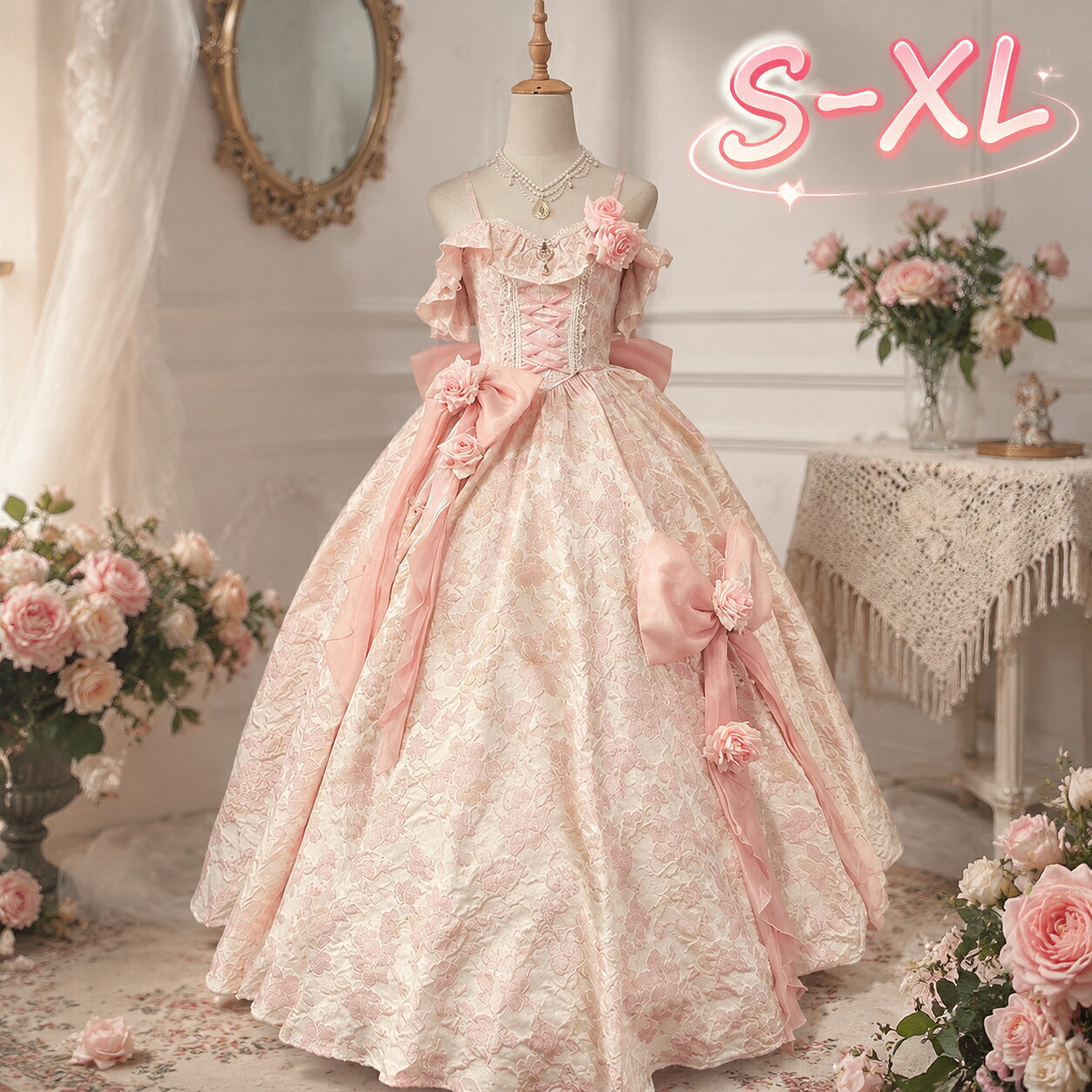【店長おすすめ】ワンピース ロリータ Lolita ドレス ピンクリボン プリンセス パーティー 花嫁 ドレス 華やか 成人式 ウェディング エレガント ロングドレス コスプレ S M L XL イブニングドレス お嬢様 フォーマル｜くらし小物屋