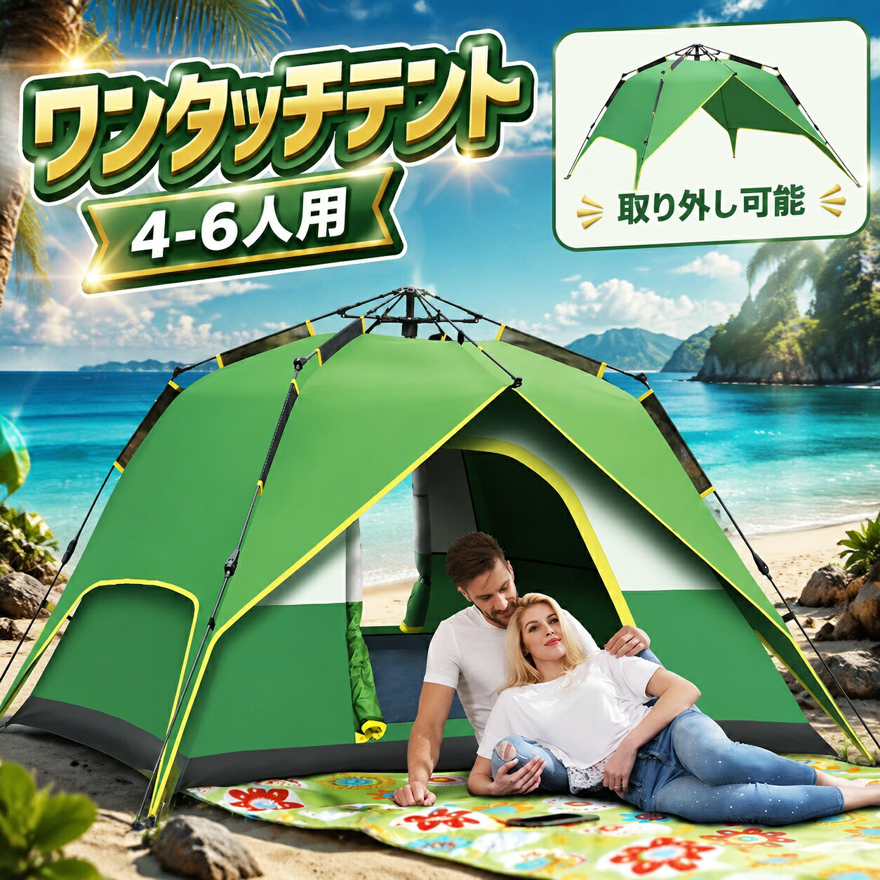【店長おすすめ】ワンタッチテント テント ポップアップテント キャンプテント 夏 春 UVカット 携帯便利 防風防雨 日よけ プール キャンプ アウトドア バーベキュー BBQ グリーン 230*230*150cm 秋 ビーチ 海 3人用 4人用｜くらし小物屋