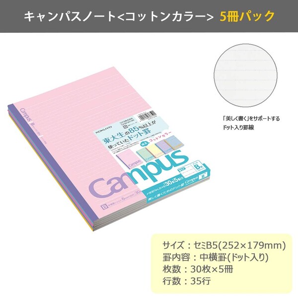 楽天市場 送料無料 コクヨ 限定 キャンパスノート コットンカラー ドット入り罫線 B罫 5色パック 勉強 授業 受験 メール便発送 Clips クリップス
