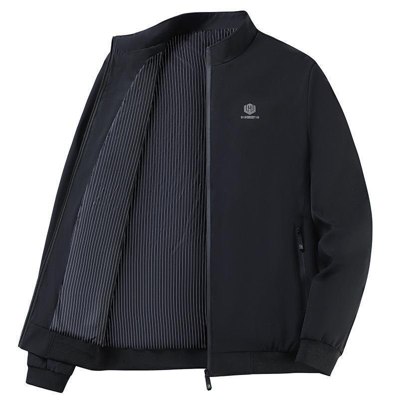ジャケット メンズ 男性用 ブルゾン ジャンパー アウター 春秋 薄手 立ち襟 無地 ストライプ柄 通気性 防汚性 吸湿速乾性 ポリエステル ブラック 黒 深青 紺色 ダークグレー 大きいサイズ画像