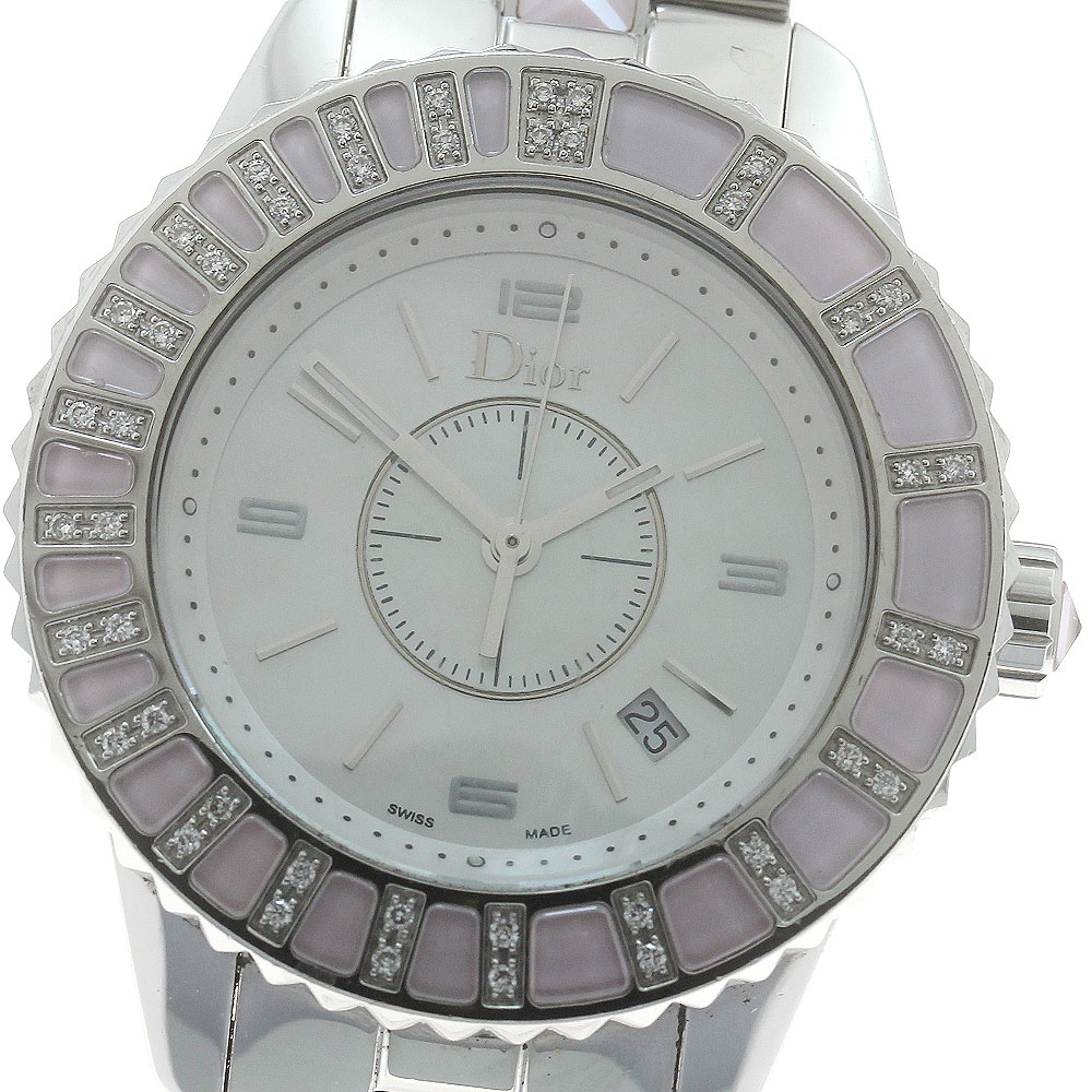 【美品】Christian Dior レディース 時計 シルバー ダイヤベゼル ディオール Dior CD11431E クリスタル 14P ダイヤベゼル クロノ