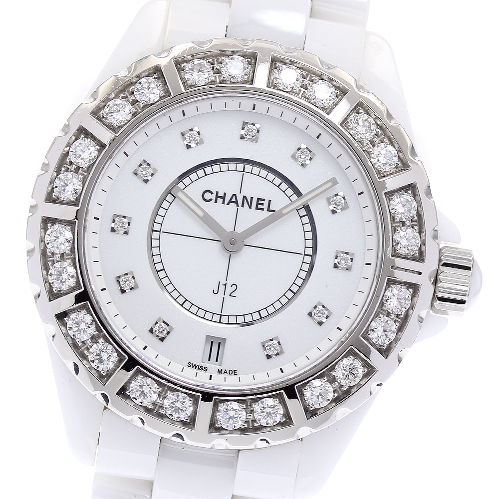 シャネル CHANEL H2430 J12 白セラミック ダイヤベゼル デイト 11P クォーツ メンズ _871707【中古】