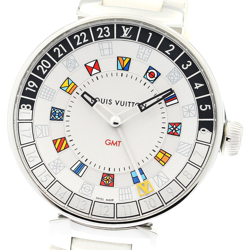 ルイ・ヴィトン LOUIS VUITTON QA096 タンブール ムーン デュアルタイム GMT クォーツ メンズ 箱・保証書付き_896056【中古】