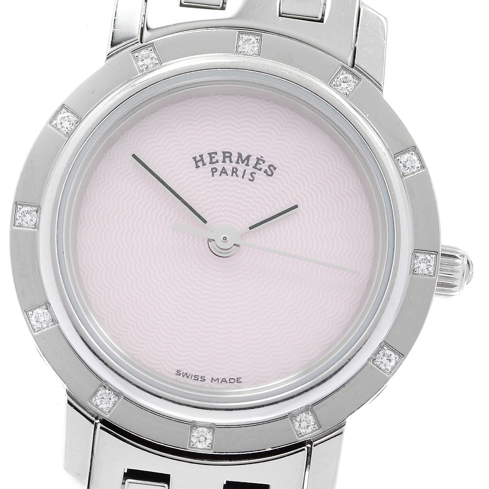 エルメス HERMES CL4.230 クリッパー ナクレ ベゼル 12Pダイヤ クォーツ レディース 箱付き_912040【ev10】【中古】