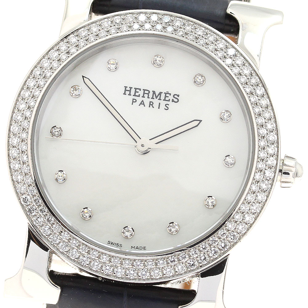 エルメス HERMES HR1.530 Hウォッチ ロンド 12P ダイヤベゼル クォーツ レディース 美品 箱・保証書付き_912509【中古】