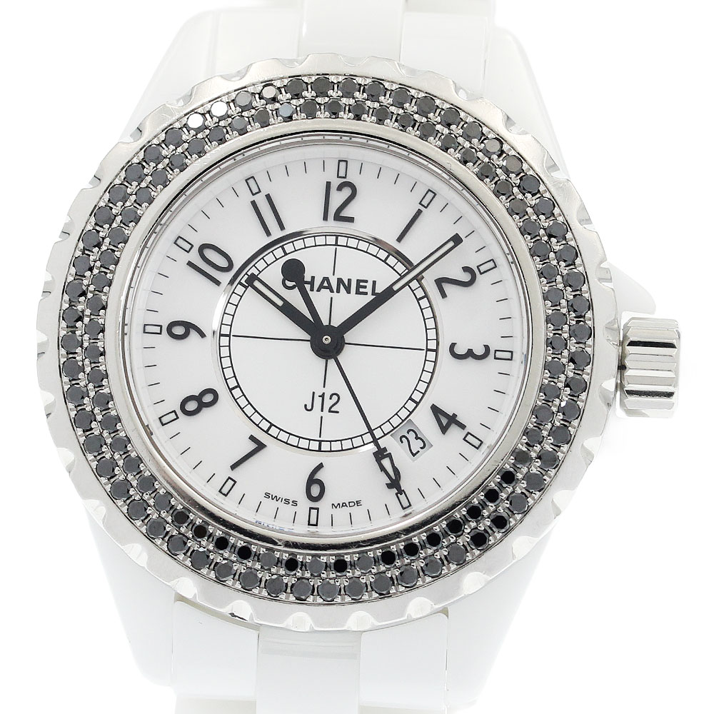 シャネル CHANEL H1630 J12 白セラミック ブラックダイヤベゼル クォーツ レディース _932610【中古】