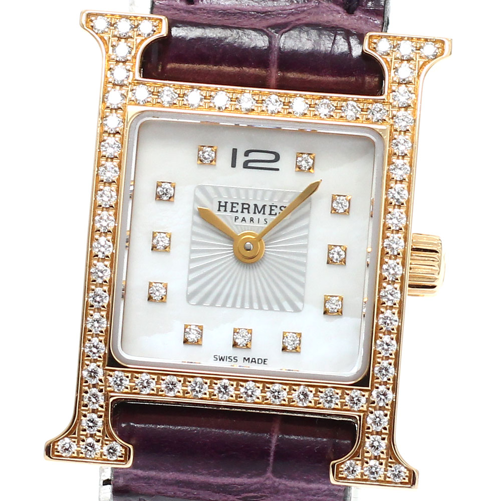 エルメス HERMES HH1.171b Hウォッチ ミニ K18PG 11P ダイヤベゼル クォーツ レディース 良品 内箱付き_930879【中古】