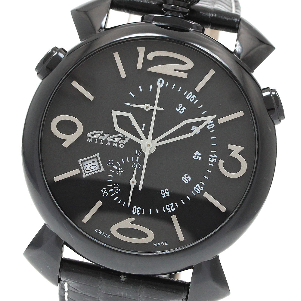 ガガミラノ GaGa MILANO 5099.01BK マヌアーレ シン クロノ 46MM デイト クロノグラフ 水晶 メンズ 美品 御墨付き付き添い人_944778【中古】 腕時計-メンズ腕時計