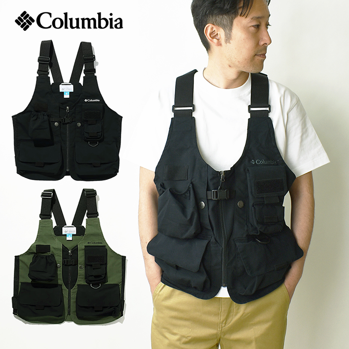 古典 Columbia コロンビア グリーンパインズベスト Green Pines Vest メンズ ラゲッジベスト ストレッチ素材 撥水加工 アウトドア 野外フェス キャンプ フィッシング 釣り ブラック グリーン Pm0085 Fucoa Cl