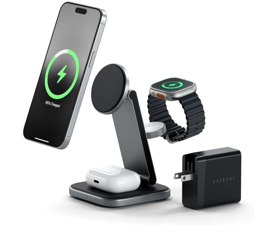 SATECHI 3 インチ 1 無線電話申し受ける器 置くだけ、Apple 用、MagSafe・Qi2 証明、15W 磁石式、折りたたみ式旅行申し受けるステイション 45W USB有線テレビ付 iPhone 17/16/15～12 つづき物、AirPods Pro 4/3、Apple Watch Ultra/SE 相応う