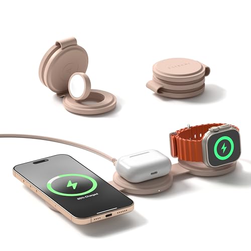 SATECHI OntheGo・・ 3 in 1 ワイヤレス充電器、Qi2 ポータブル充電器、iPhone 17 12 シリーズ用 15W 急速充電、Apple Watch 用 5W、AirPods 用 5W、トラベル充電ステーション ? デザートローズ