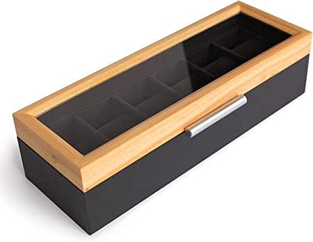 Case Elegance(入れもの心ゆかしい) 時辰儀入れもの 寄せ合わせ入れもの ウオッチ 入れもの 6本納める 瑠璃天板 純乎たる材 黒 軽銀製手持ち部分