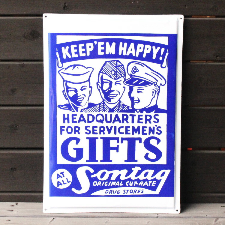 ヴィンテージホーロー看板 KEEP EM HAPPY! GIFTS 縦65×横45cm 1点モノ 年代不明 アメリカ雑貨 おしゃれ かっこいい 雑貨 インテリア小物 アメリカ雑貨|アメリカン雑貨COLOUR
