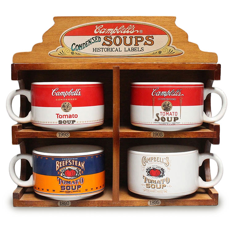 キャンベル ヒストリカルラベルマグ4点とディスプレイ用木製キャビネット コレクティブル セット Campbell's ライセンス商品 ビンテージ