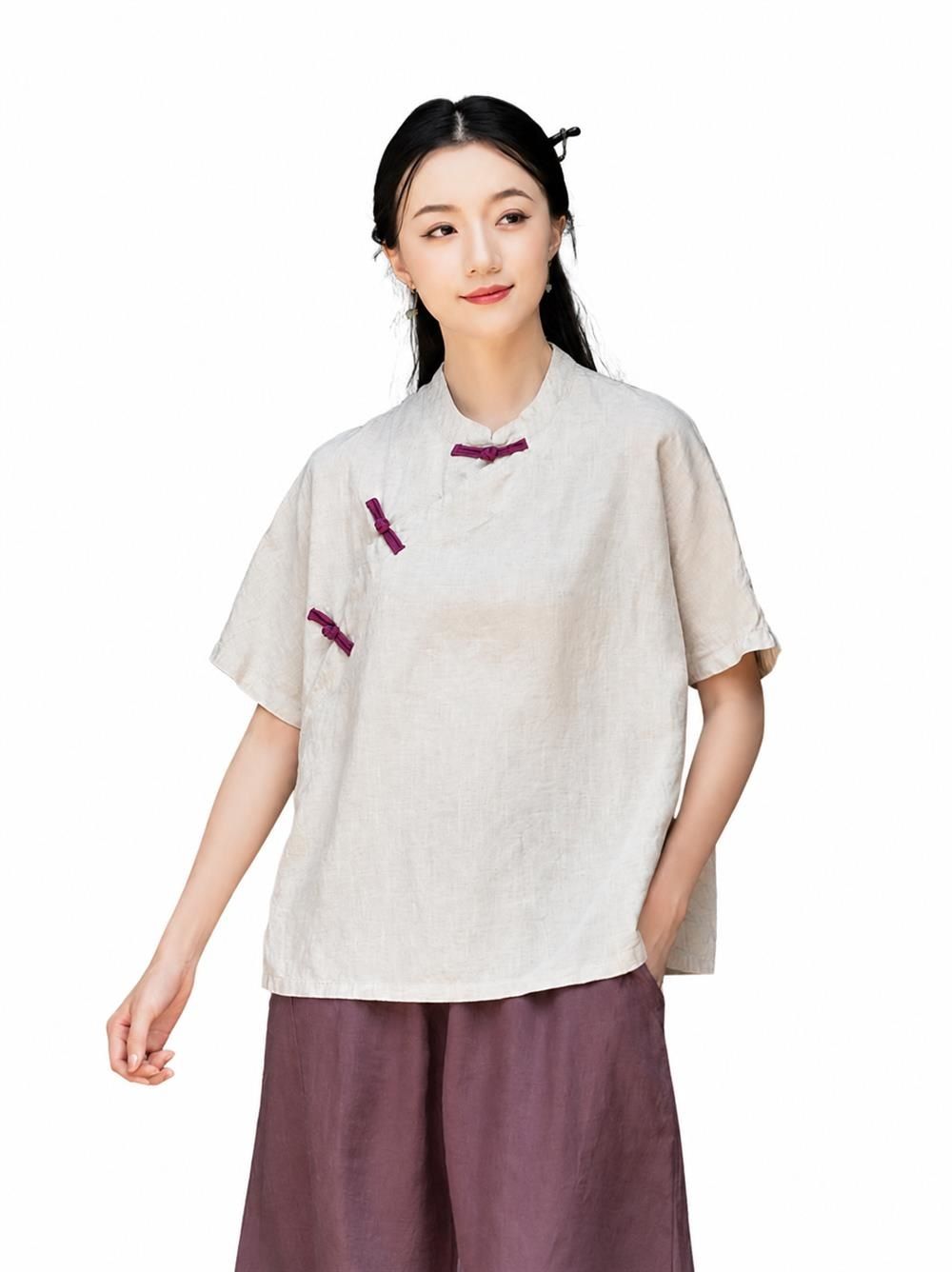 瀬戸もの服 レディース トップ 綿麻 半袖 瀬戸もの名取り草 立ち襟 トップス 民族風 レトロ ゆったり 体型押しかぶせる 心地よい 今めかしい 春 夏 冷やりとした 普段着 自然的 成年者 好いたらしい 五分袖 快