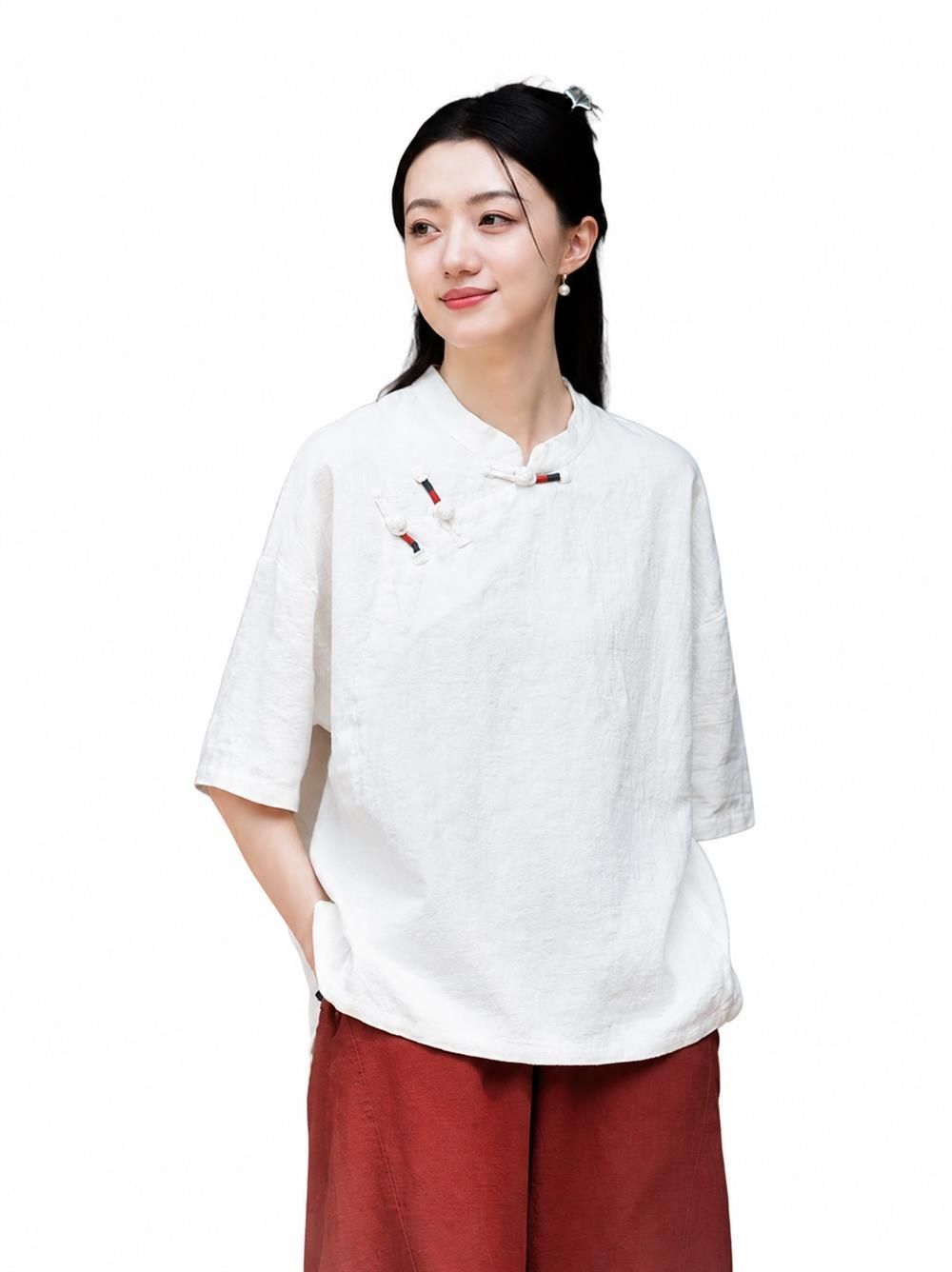 瀬戸もの服 レディース トップ 綿麻 トップス 立ち襟 瀬戸もの名取り草 五分袖 ゆったり 体型取りまかなう レトロ 自然的 夏 冷やりとした 好いたらしい プルオーバー エスニック 民族風 通気性 パステル色の 普段着