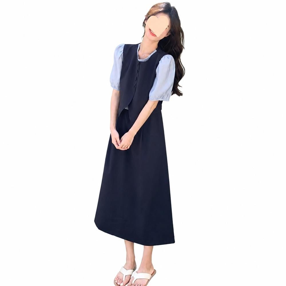 衣装 レディース 重ね着風 うつり変わり ロング丈 好いたらしいめ 成年者好いたらしい 音の大きさ捩り 五分袖 体型覆いかぶせる 窈窕たる 清楚 A伝達ルート 膝下 心地好い お出かけ 会う約束 通い 20代 30代 40