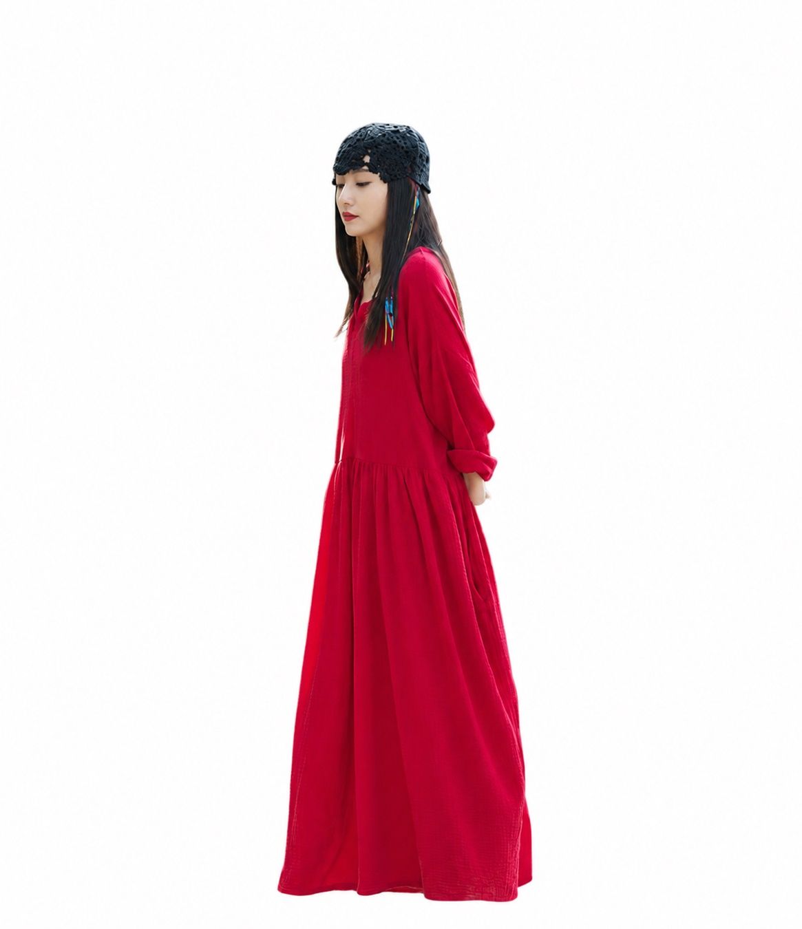ワンピース ロング レディース 綿麻 Vネック マキシ丈 長袖 ゆったり 体型カバー 森ガール ナチュラル エスニック レトロ 無地 柔らかい ダブルガーゼ お洒落 カジュアル リゾート 旅行 春 秋｜Clover Rainbow