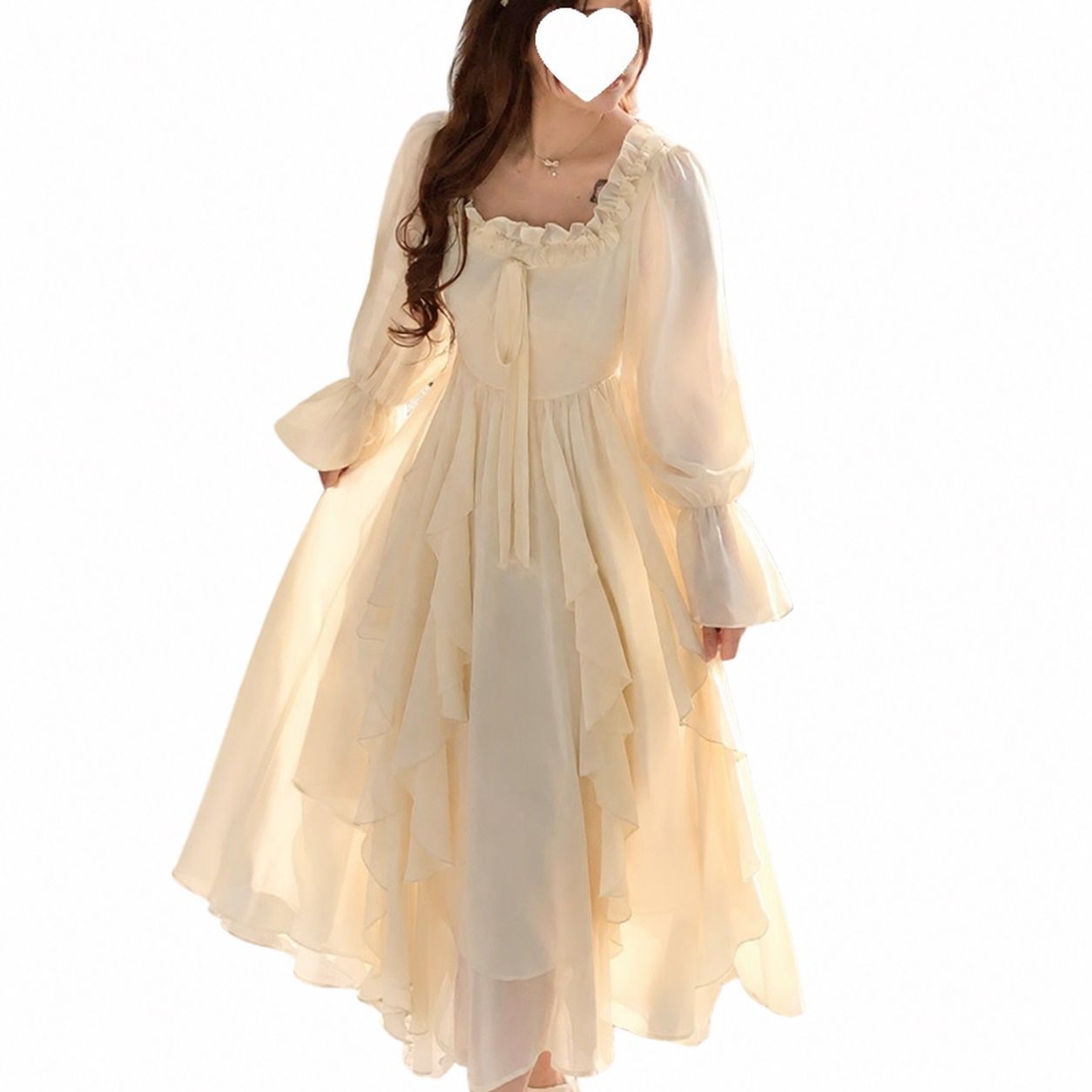 ロングワンピース 長袖 体型カバー マキシ丈 フリル シフォン 大きいサイズ 大人可愛い 上品 きれいめ フェミニン ボリュームスリーブ ウエストマーク 着痩せ お呼ばれ デート 旅行 リゾート 裏地|Clover Rainbow