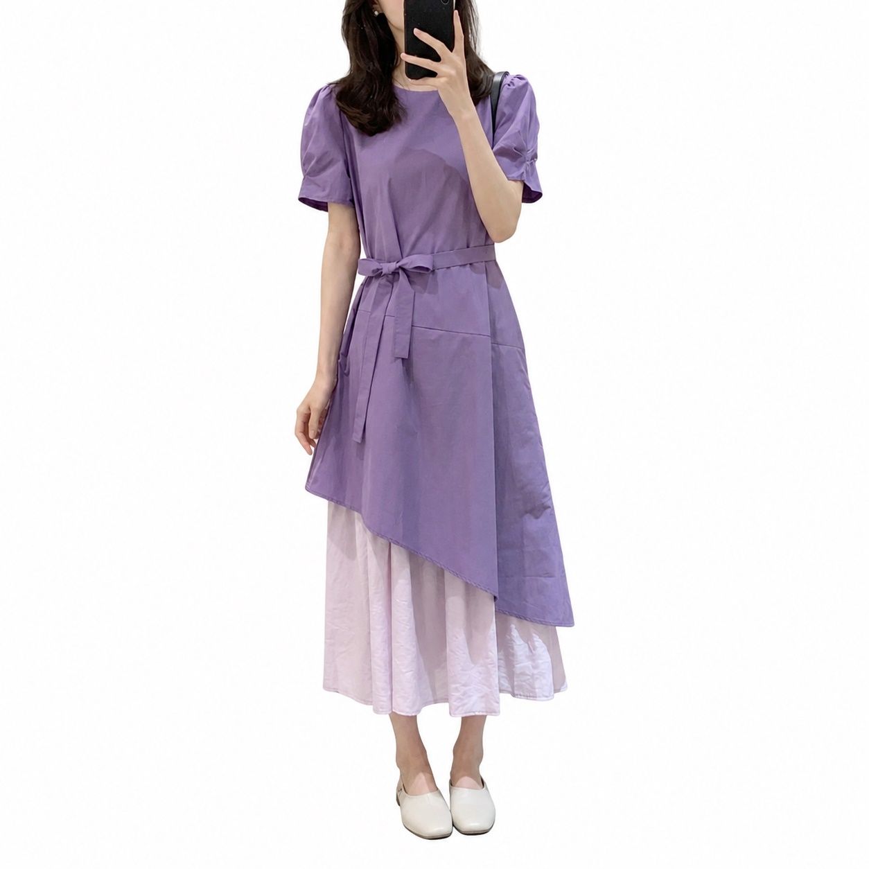 ロングワンピース レディース 春夏 半袖 重ね着風 レイヤード風 ドッキングワンピース 膝丈 ミモレ丈 Aライン ウエストマーク リボン付き 切り替え 体型カバー 大人可愛い 通学 デート 旅行 普段|Clover Rainbow
