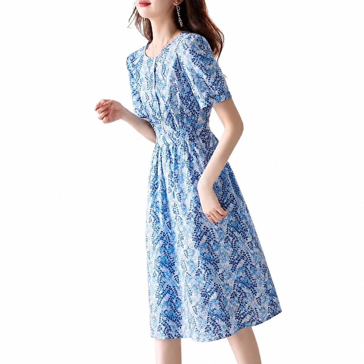 ワンピース レディース 半袖 ロングワンピース Aライン 総柄 ボリュームスリーブ クルーネック マキシ丈 ミモレ丈 春 夏 大人可愛い きれいめ 上品 体型カバー 着痩せ 涼しい カジュアル 通勤｜Clover Rainbow