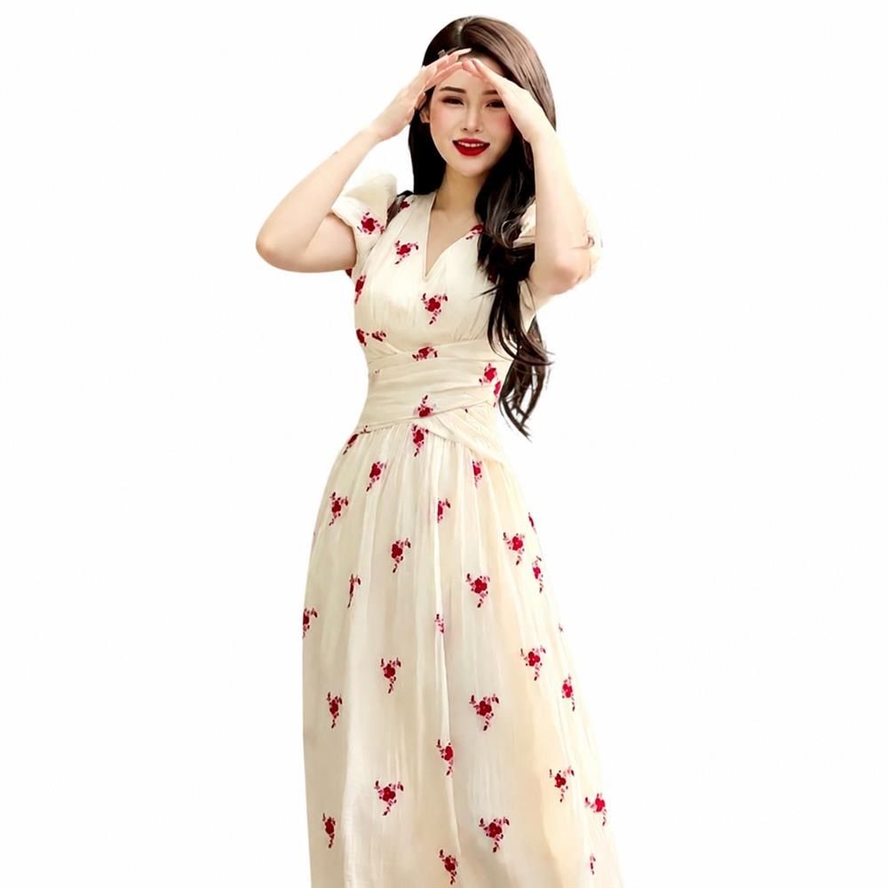 マキシワンピース 花柄 レディース カシュクール ボリュームスリーブ 半袖 ロングワンピース ウエストマーク リゾートワンピ 大人可愛い 体型カバー きれいめ シフォン レトロ サマードレス お呼ばれ｜Clover Rainbow