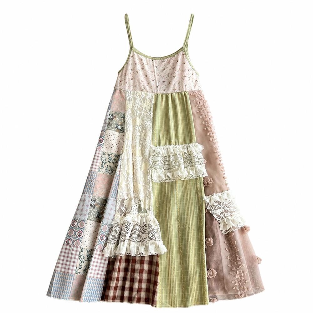 キャミソールワンピース レディース ロングワンピース パッチワーク 花柄 ギンガムチェック レース フリル マキシ丈 森ガール レトロ 体型カバー リゾート 旅行 デート カジュアル ゆったり ビスチ|Clover Rainbow