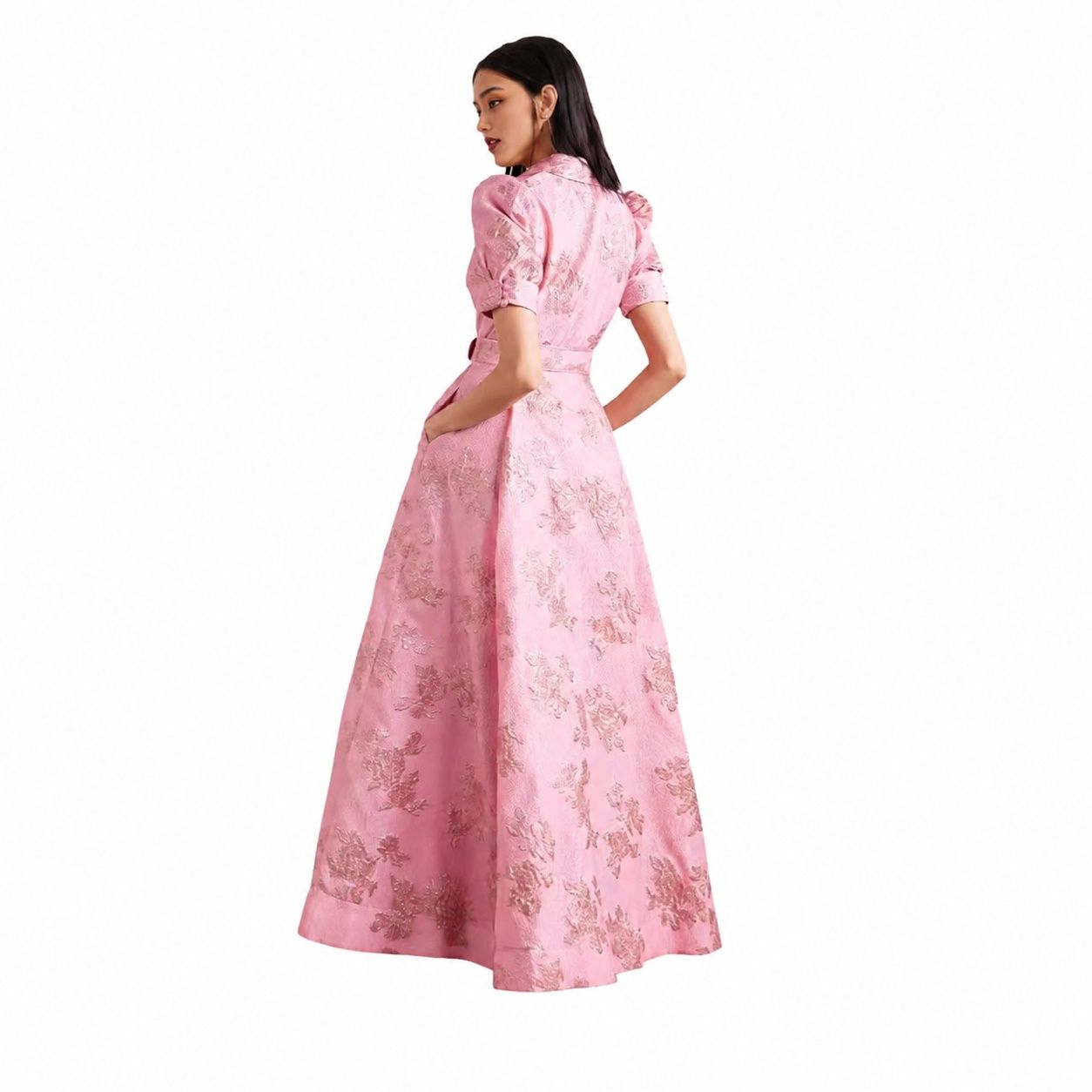 シャツワンピース レディース ロング マキシ丈 襟付き 半袖 ボリュームスリーブ ベルト付き ジャガード 花柄 上品 エレガント レトロ Aライン 体型カバー 着痩せ お呼ばれ 二次会 パーティードレ|Clover Rainbow