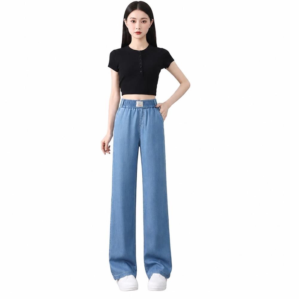 デニム ワイドパンツ レディース ジーンズ イージーパンツ ウエストゴム 接触冷感 薄手 春 夏 ジーパン ゆったり ストレート 美脚 体型カバー 着痩せ 軽やか さらさら 涼しい 楽ちん カジュアル｜Clover Rainbow
