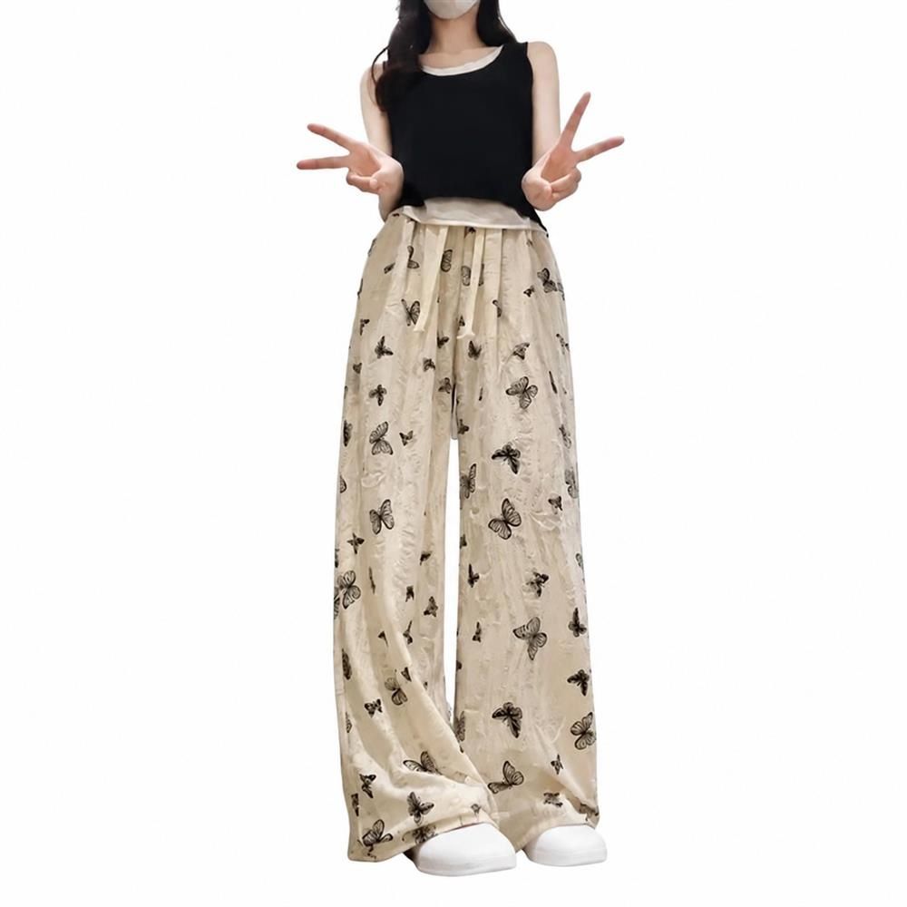ワイドパンツ レディース 蝶柄 バタフライ ダメージ加工 ハイウエスト 接触冷感 とろみ 涼しい 体型カバー ゆったり 落ち感 イージーパンツ 夏|Clover Rainbow