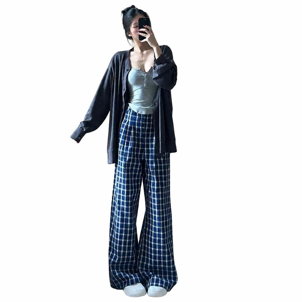 ワイドパンツ レディース チェック柄 ロングパンツ ハイウエスト ストレート ウエストゴム ズボン ゆったり 薄手 落ち感 涼しい 体型カバー 脚長 カジュアル 春 夏｜Clover Rainbow