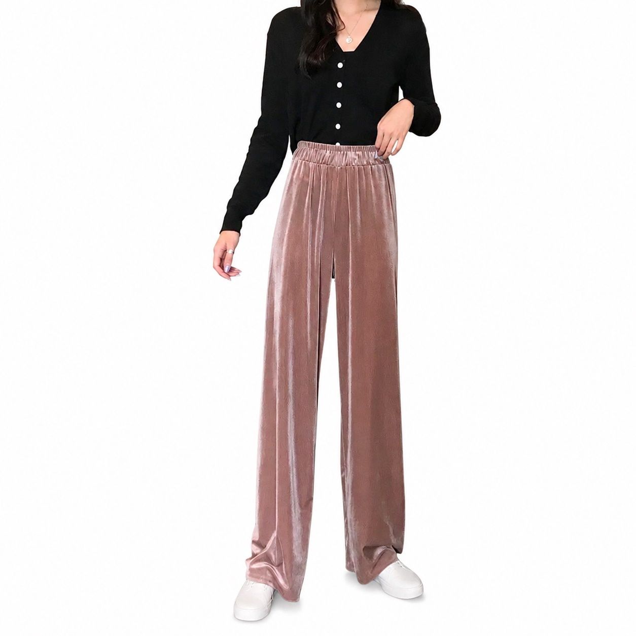 ワイドパンツ レディース ベロアパンツ ハイウエスト ゆったり 体型カバー 美脚 ストレート ロングパンツ ウエストゴム ベルベット ドレープ なめらか 光沢感 秋冬 カジュアル ルームウェア|Clover Rainbow