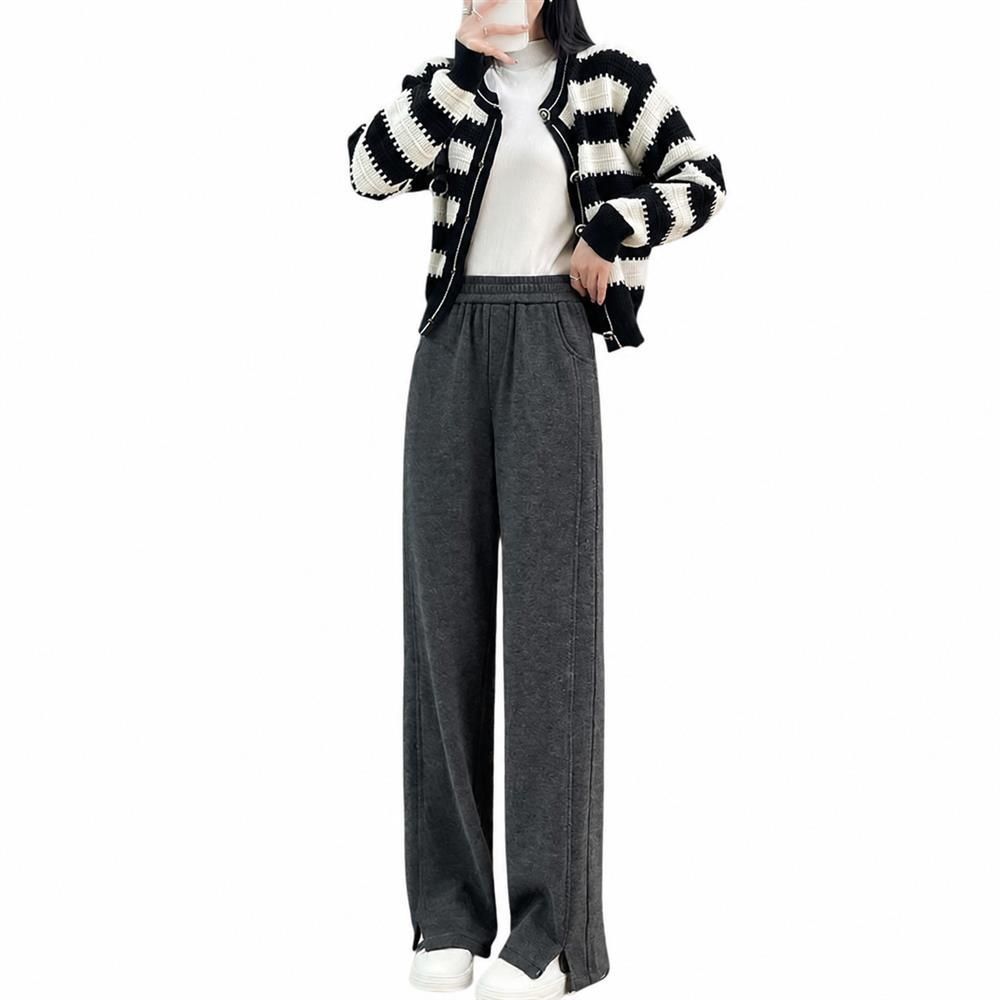 ワイドパンツ レディース 秋冬 スリット ハイウエスト 美脚 ロングパンツ ヘリンボーン 起毛 ストレート ボ 暖かい カジュアル 通勤 体型カバー｜Clover Rainbow 8,950円