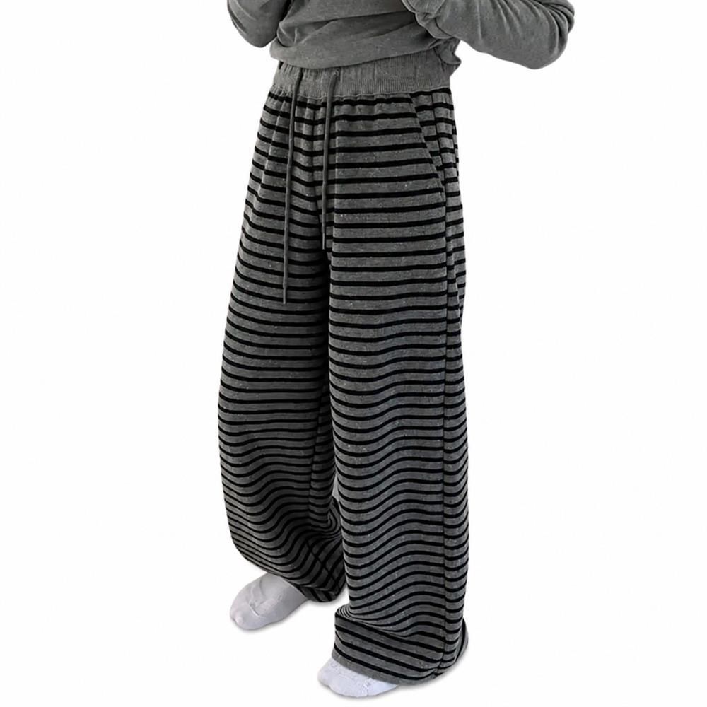 ワイドパンツ レディース ボーダー ストライプ ウエストゴム ロングパンツ ゆったり 美脚 体型カバー ハイウエスト カジュアル 春 秋 ズボン ボ|Clover Rainbow